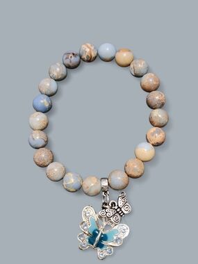 Beaded Blue Jasper Stretch Bracelet with Butterfly Charm